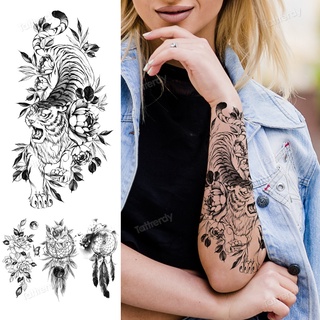 Tatuagem sexy Manga Adesivo Braçadeira Preta Tatuagens Para Meninas Temporária Flores Rosa Peônia Tigre Cobra Perna Falsa Do Braço