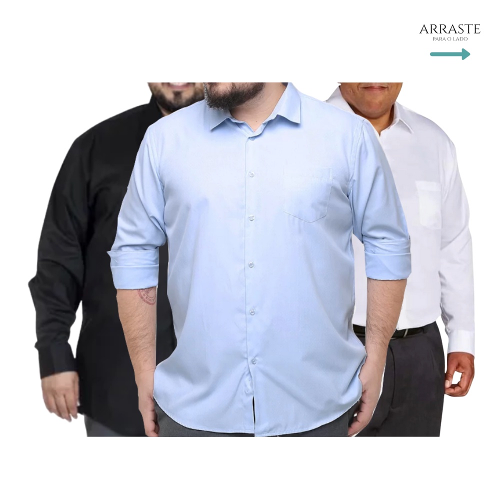 Kit 3 Camisa Social Masculino Manga Longa Extra Grande Blusa Social Masculina Plus Size Camisa Masculina Social
