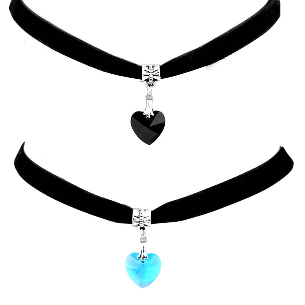 Retro Vintage Gótico Chocker Harajuku Amor Coração Gargantilhas Goth Coração De Veludo Preto Pingente De Cristal Colar Gargantilha