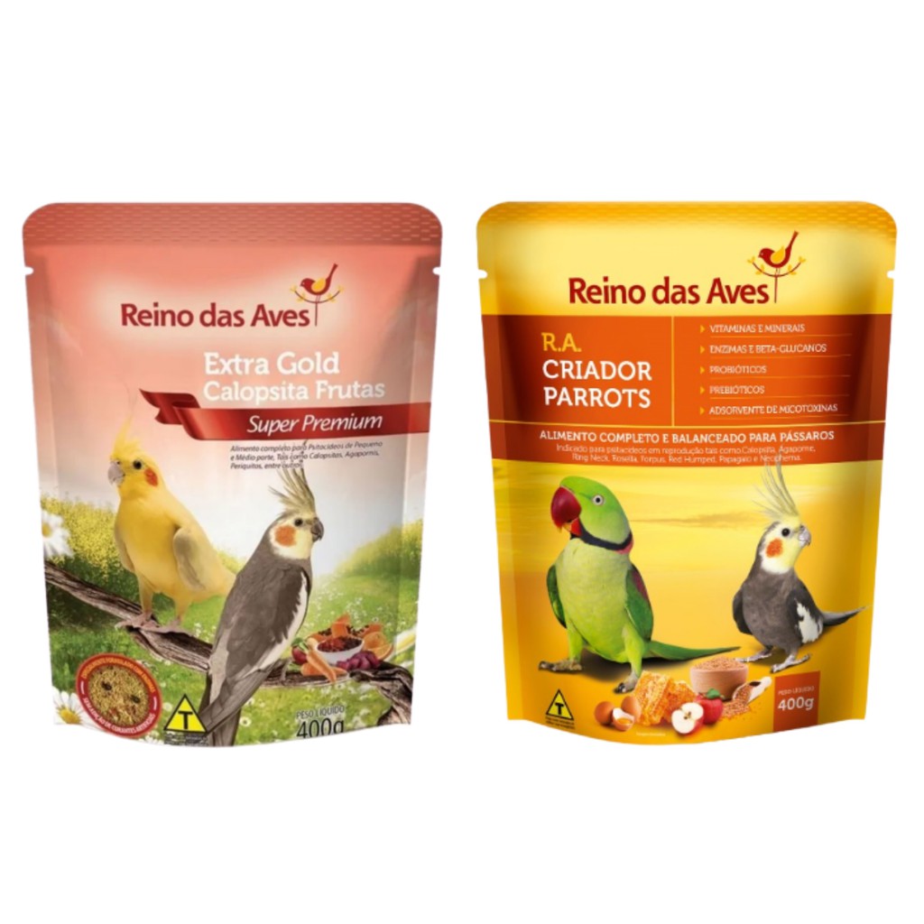Kit Reino das Aves - Extra Gold Calopsita Frutas 400g + Farinhada R.A Criador Parrots 400g em Oferta na Shopee