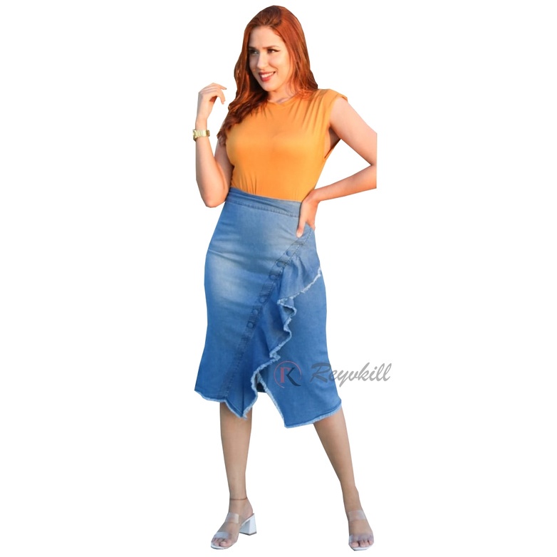 Saia Moda Evangélica Jeans Feminina Elastano Babado Thais