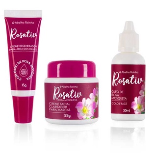 Creme Clareador Facial 55g + Óleo Rosa Mosqueta Para Colo e Face 30ml+ Creme Para Área Dos Olhos 15g - Kit Rosativ Abelha Rainha.