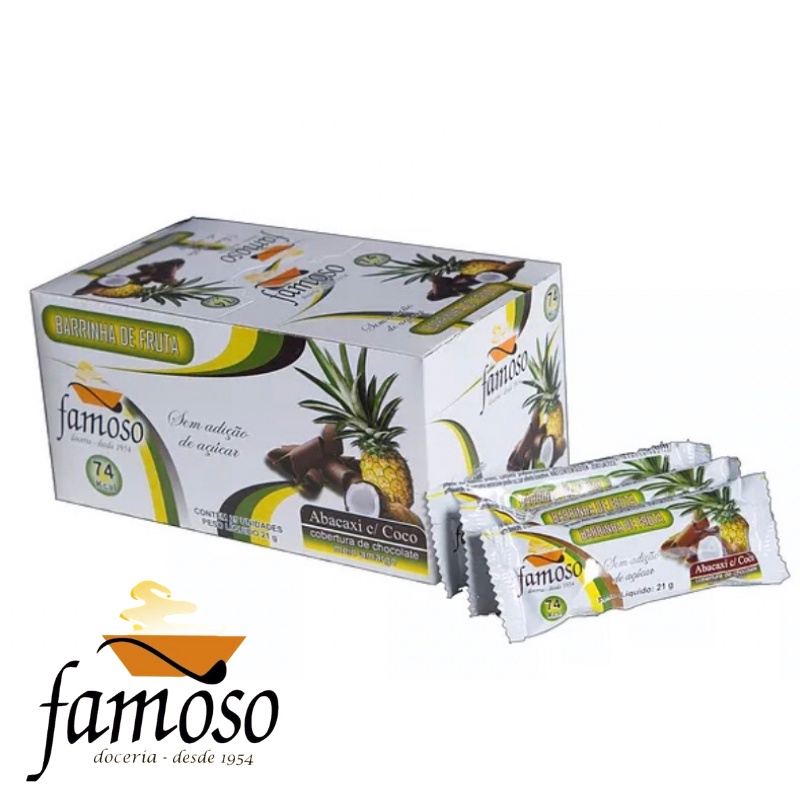 Barrinha de Fruta Famoso- Abacaxi com coco coberta de Chocolate Meio Amargo - SEM ADIÇÃO DE AÇÚCAR DISPLAY COM 25 UNIDADES