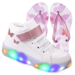 Tênis Feminino Infantil De Led Meninas Botinha Borboleta Luzinha + Chinelo