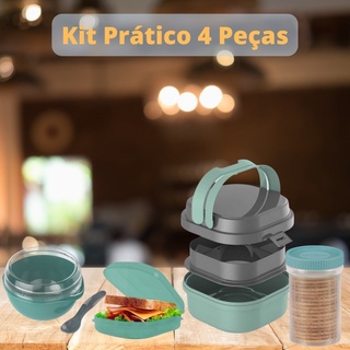Kit Prático 4 Peças Marmita Com Divisória e Alça + Bowl com Colher + Sanduicheira Pão + Pote Biscoito Bolacha Plasvale