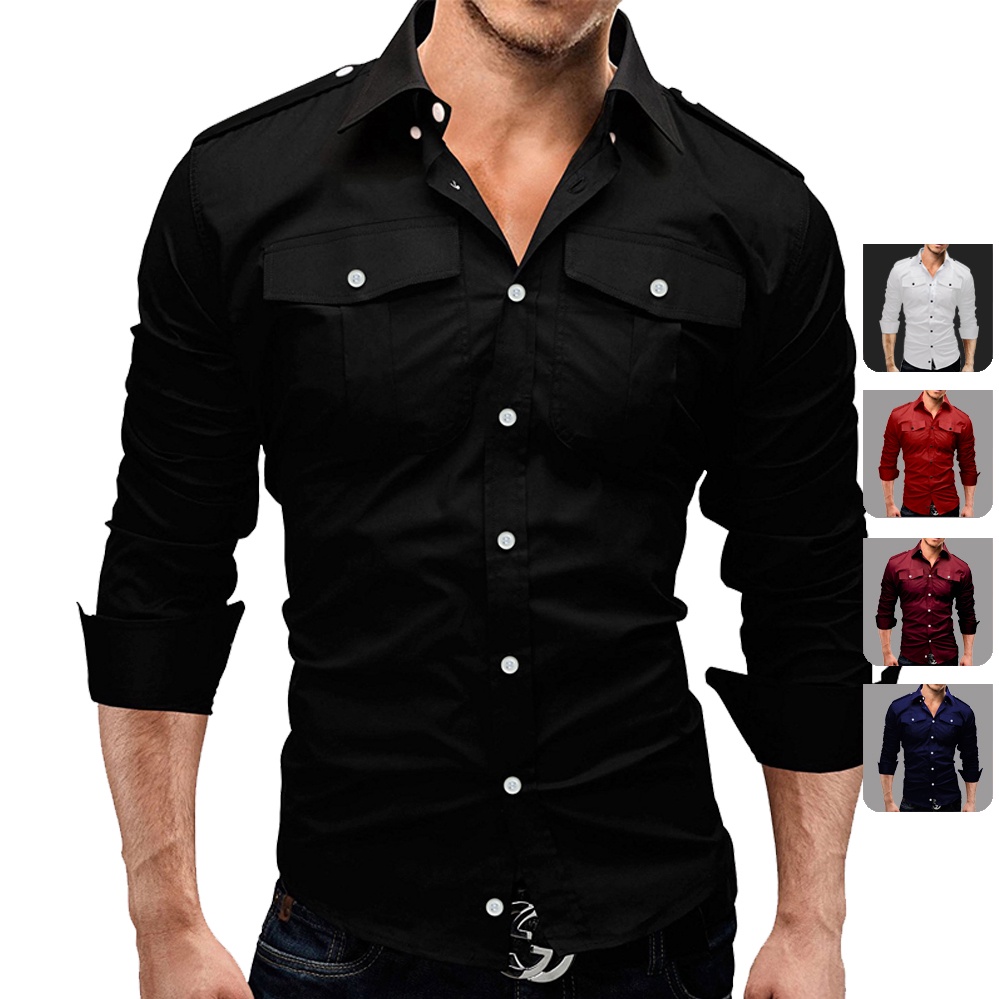 Camisa Masculina Manga Longa Slim Fit Sólida Com Botão Contraste Em Dois Bolsos Cargo Modelo Militar