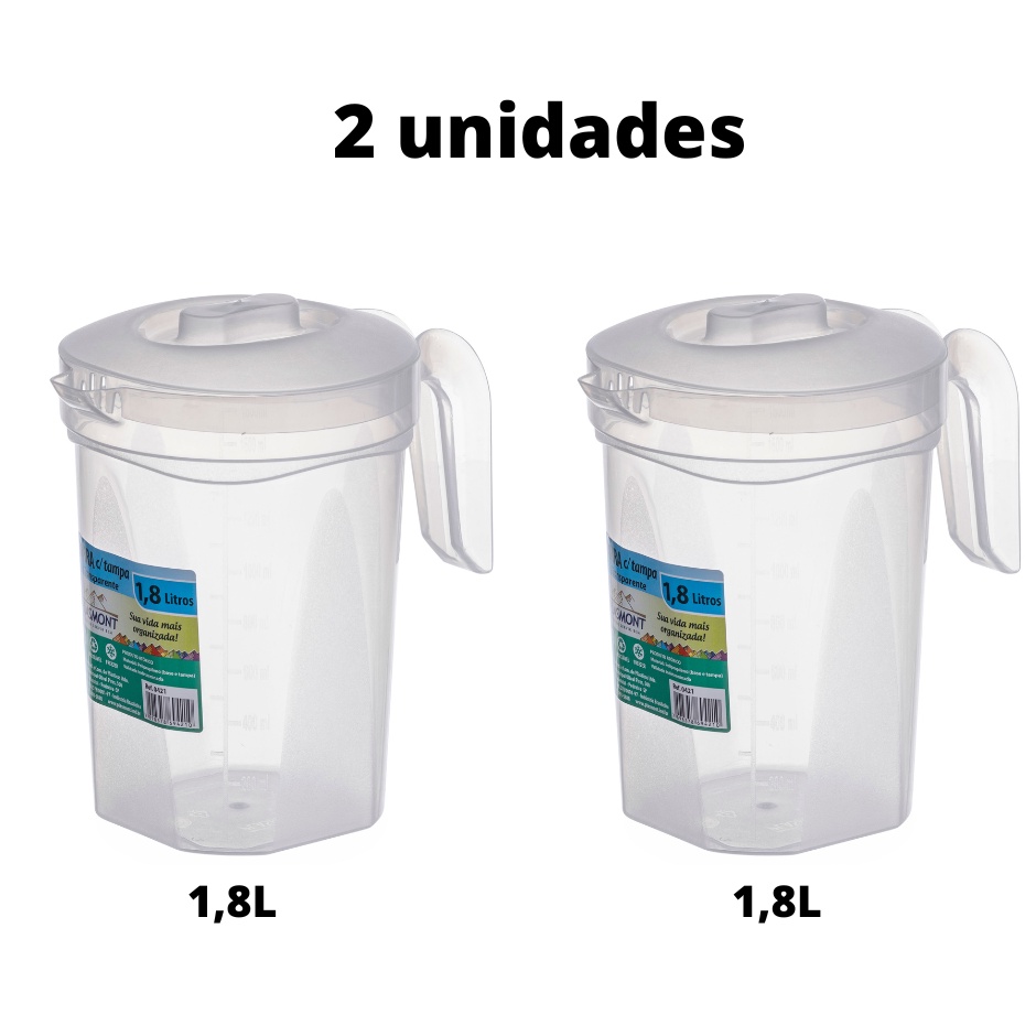 Kit 2 Jarras Plástica Transparente 1,8 Litros Com Tampa Alça Grande Festa Evento Buffet Escola