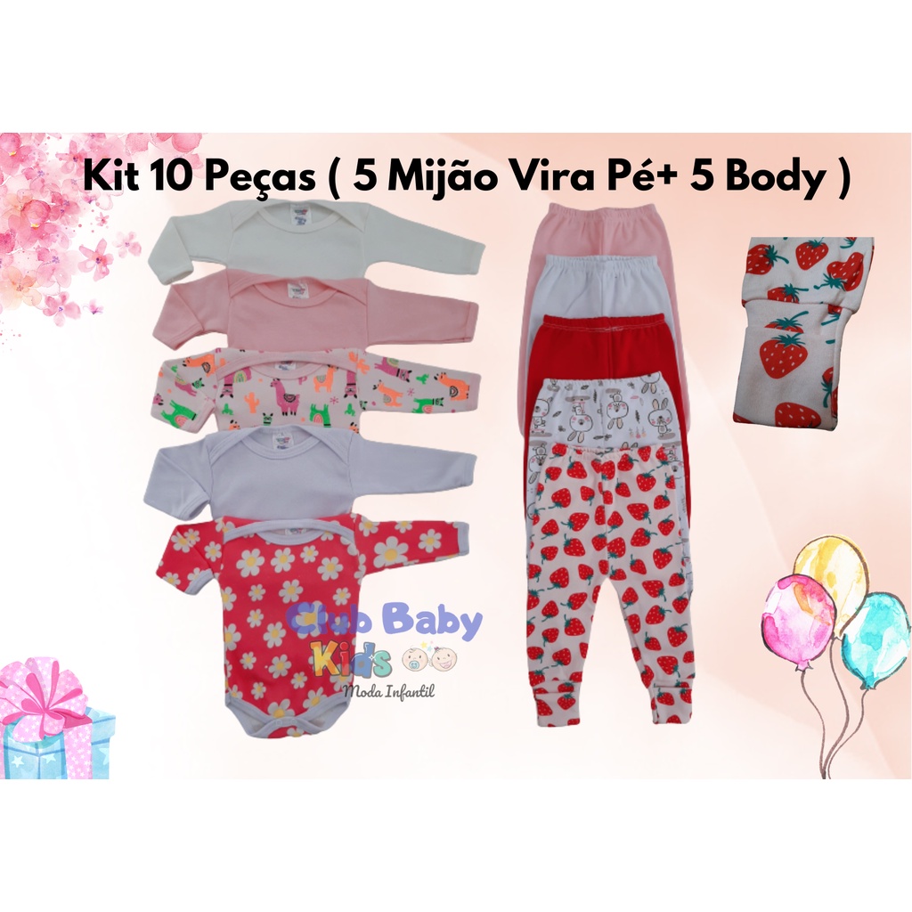 Lote 10 Pçs Roupas de Bebê Enxoval  5 Bodys Manga Longa + 5 Mijão Pé Reversível
