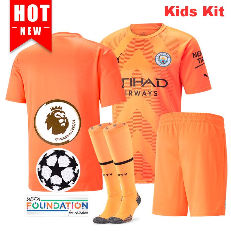 Kit Infantil Goleiro Manchester City Futebol Laranja 2022 2023 Camisa ...