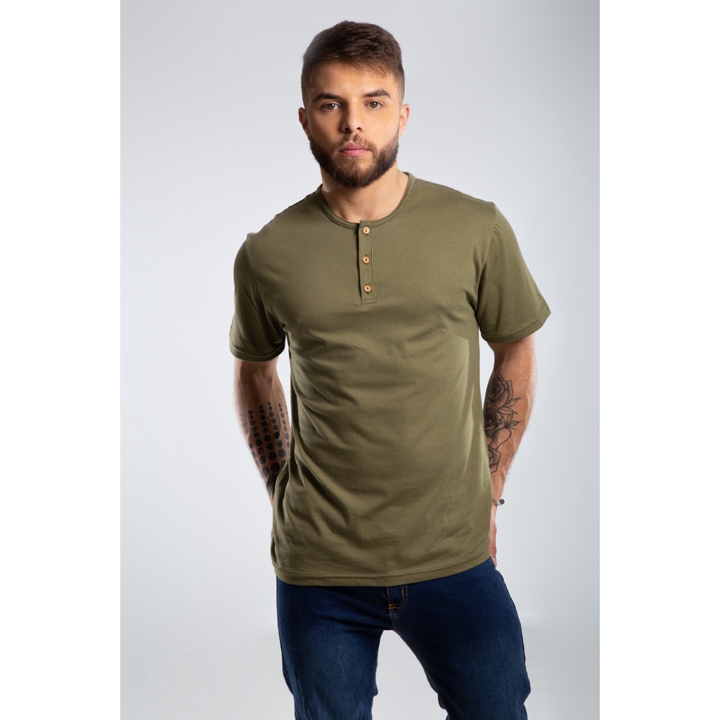Camisa Henley Manga Curta Camiseta Gola portuguesa
