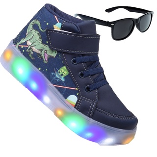 Kit Botinha Masculino De Led Infantil Menino Dinossauro Marinho Velcro + Oculos Trc