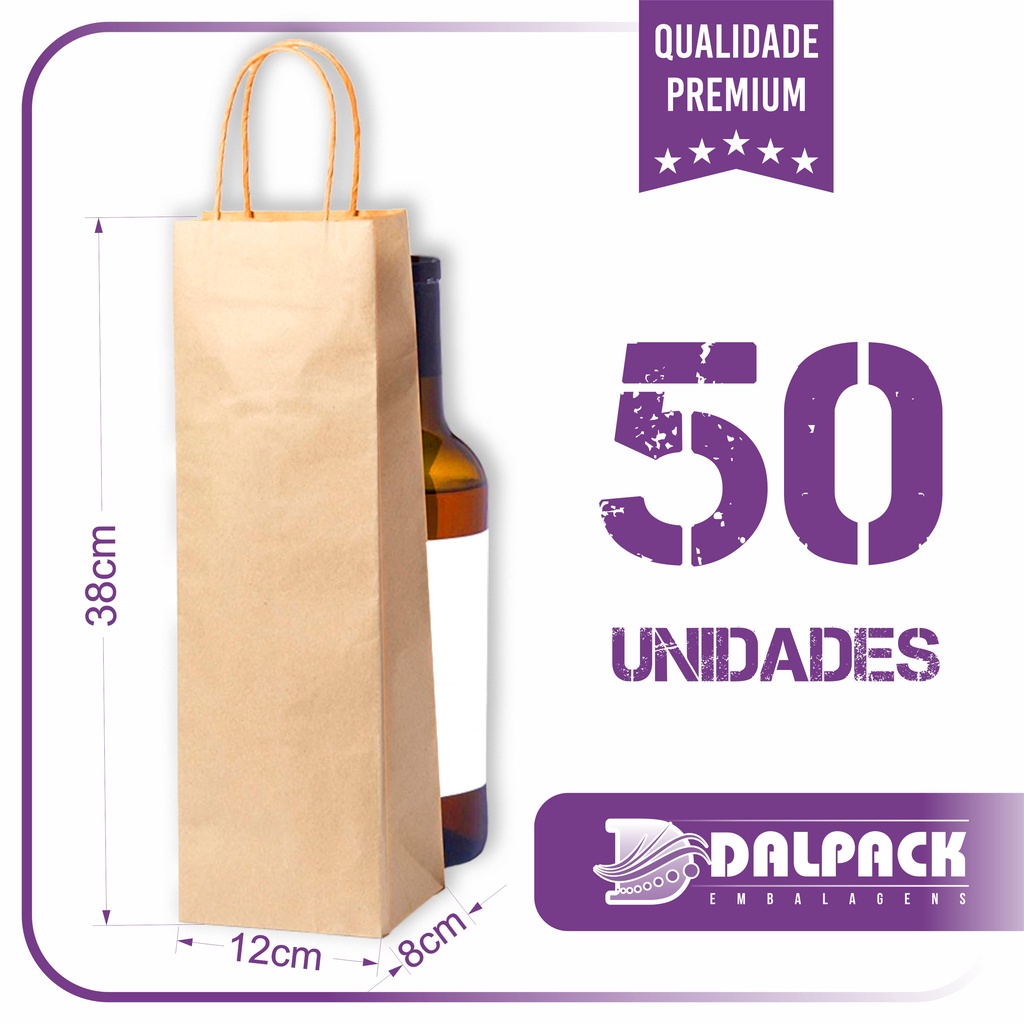 Sacolas Kraft Para Bebidas - Lisa - 50 Unidades - Medida (12x8x38) em Oferta na Shopee