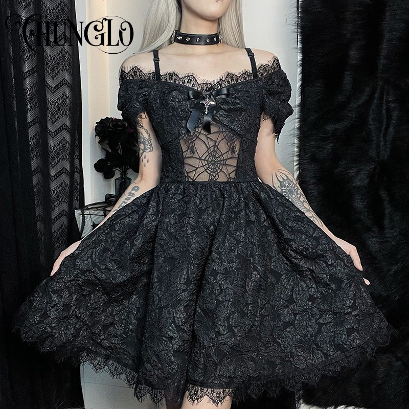 CHUNGLO Vestido Feminino De Renda Gótico Com Estampa De Dia Das Fadas 2k/Fantasia/Aranha/Teia/Ver Através/Off-Roue