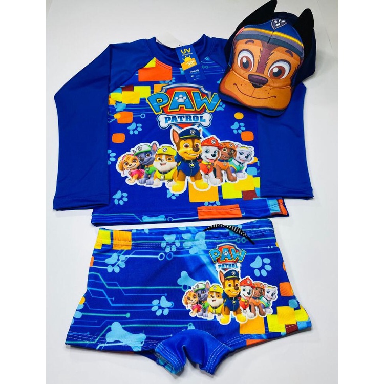 Kit Sunga Infantil + Blusa com Proteção Solar Bebê e Infantil UV50 + Boné Patrulha