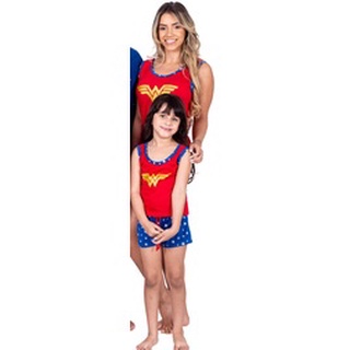 2 Pijamas Curto Verão Mãe e Filha Mulher Maravilha
