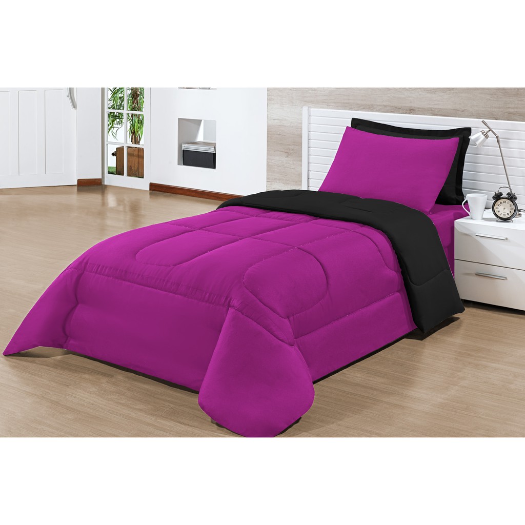 Kit Edredom Solteiro Dupla Face PRETO PINK  com 3 Pçs