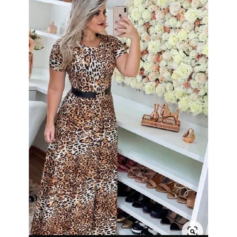 Vestidos Evangélicos Longo Plus Size Oncinha Onça Vestido Longo Estampado Evasê Social Executiva