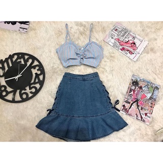 Saia Jeans Com Trançado Na Lateral E Babado Embaixo/ Moda Feminina L20247