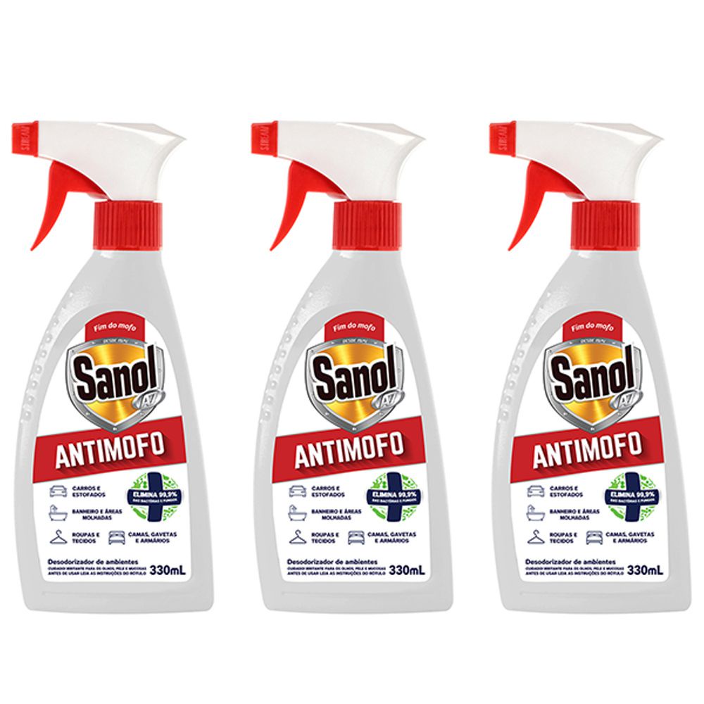 Anti Mofo Desodorizador de ambientes Sanol 330 ml Bactericida e Antimofo Pulverizador Spray 3 unidades