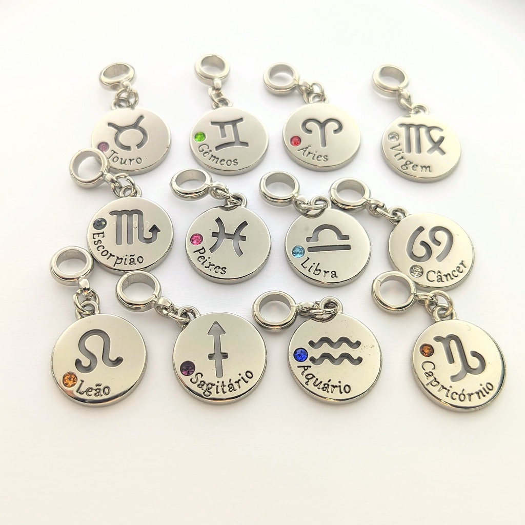 Imagem Berloques Signos e Profissões Dupla Face Redondo Prateados com Strass