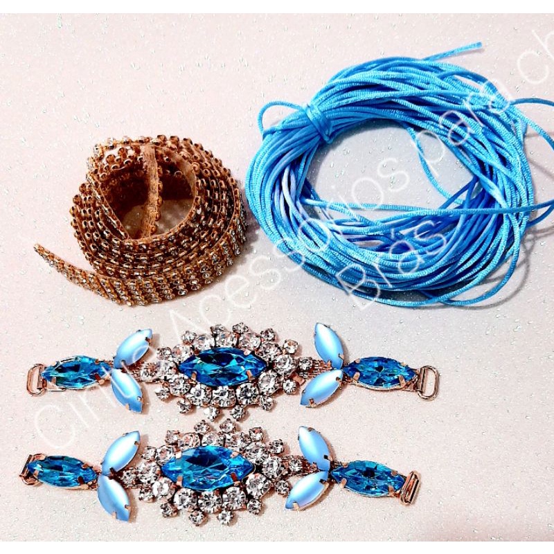 kit cabedal para chinelos  Renata azul  com manta e cordão