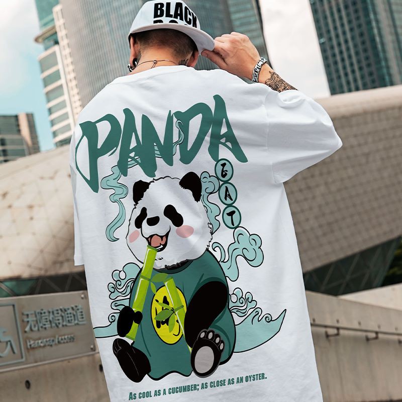 SP Roupas Masculinas Camiseta Masculina Gola Redonda Plus Size de Estampa Panda Rock Hip Hop T shirt Preto Branco M-XXXL
