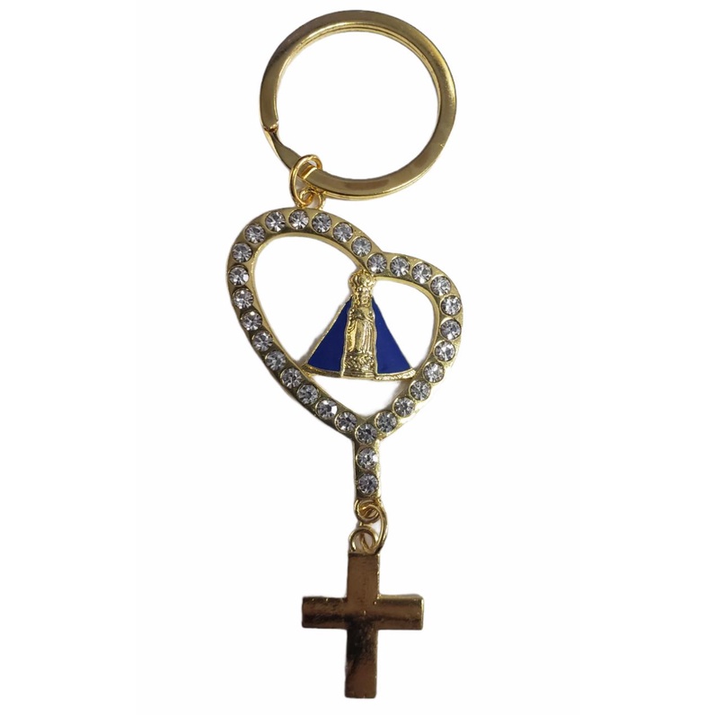 Chaveiro Terço Nossa Senhora Aparecida Terço Cruz Dourado com Strass