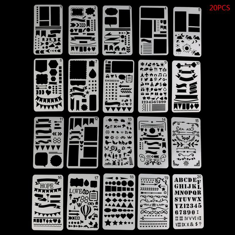 BHT 20Pcs Stencil Set Planner Drawing Template Decor Craft em Oferta na Shopee