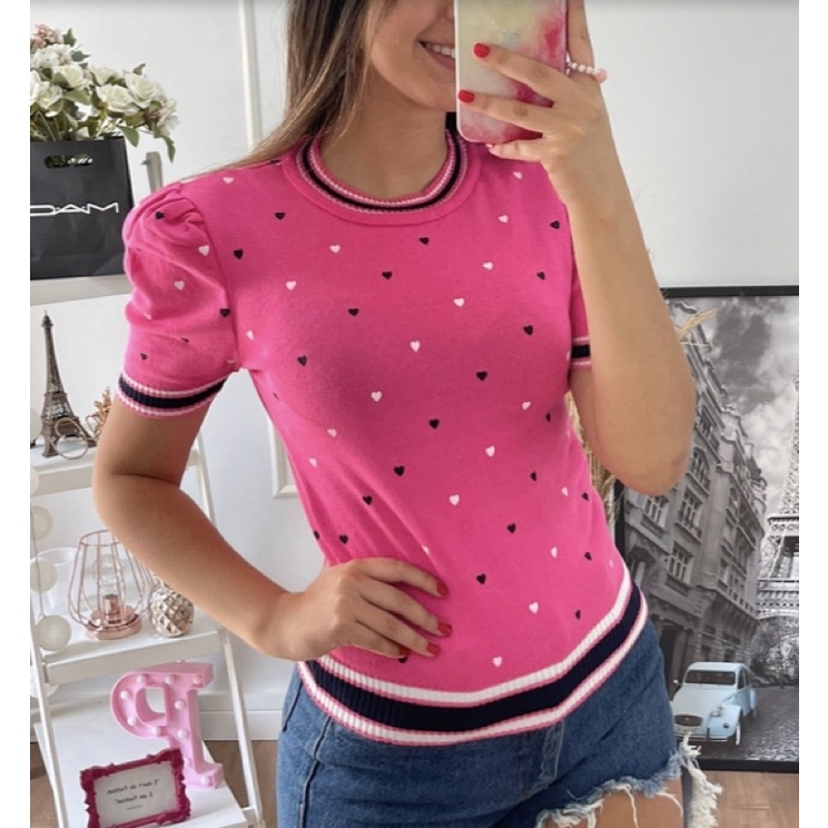 blusa tricot trico coração manga princesa tamanho único