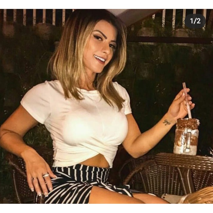 Blusa cropped feminino canelada transpassada  manga curta elegante bem