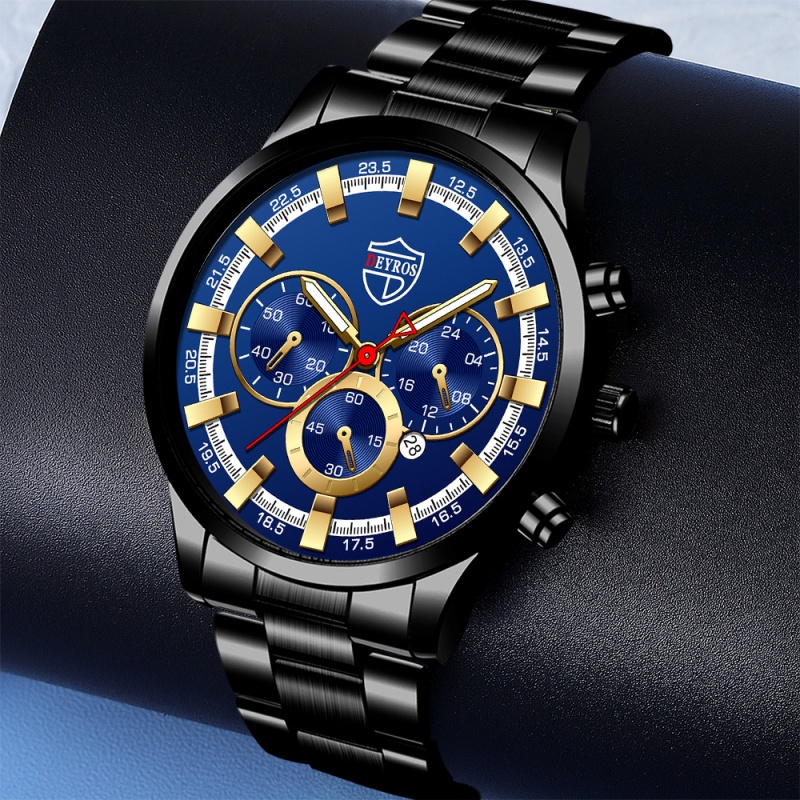 新品 クロノグラフ DEYROS 腕時計メンズ ラグジュアリーステンレス 黒金 - 1