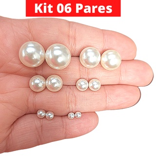Kit 6 pares de Brincos pérola aço cirúrgico inox anti alérgico grande pequeno bolinha segundo furo com garantia.