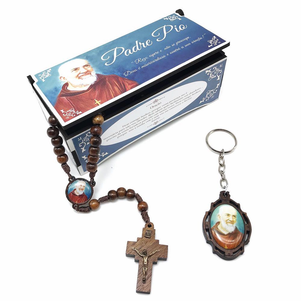 Terço e Chaveiro Padre Pio Com Caixinha Personalizada