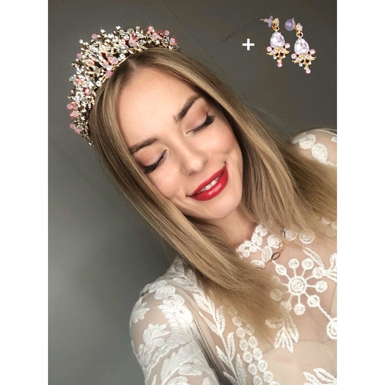 KIT Coroa Tiara Porta Coque + Brincos Dourada + Cristais Rosa Para Penteado Noiva Casamento Festa de 15 Anos Luxo