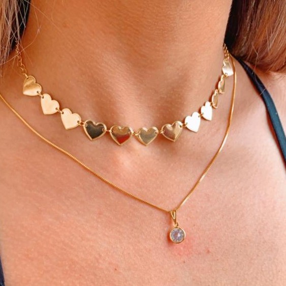 Gargantinha Choker De Coração coraçãozinho banhado Ouro 18k + Colar corrente feminina Ponto De Luz Ouro 18k