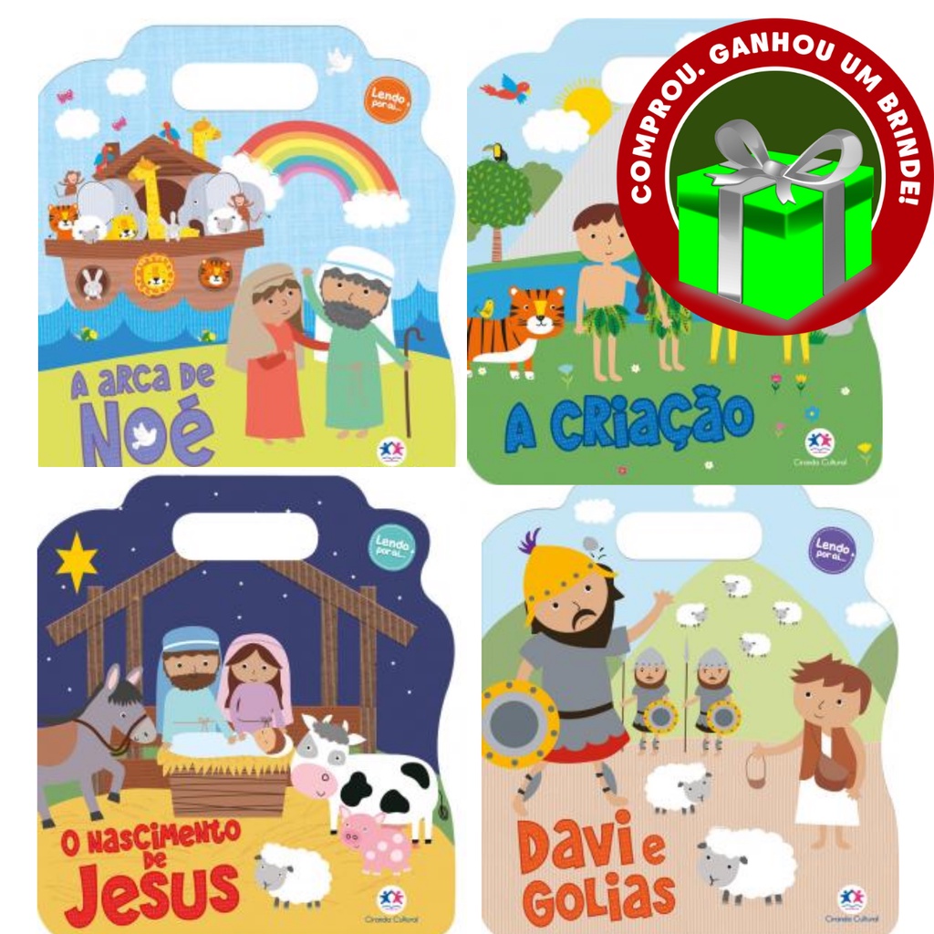 Kit 4 livros Davi e Golias + O Nascimento de Jesus + A arca de Noé + A Criação