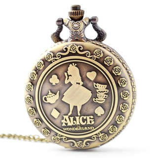 Retro Alice no País das Maravilhas Bronze Colar de Bolso de Quartzo Relógio de Bolso