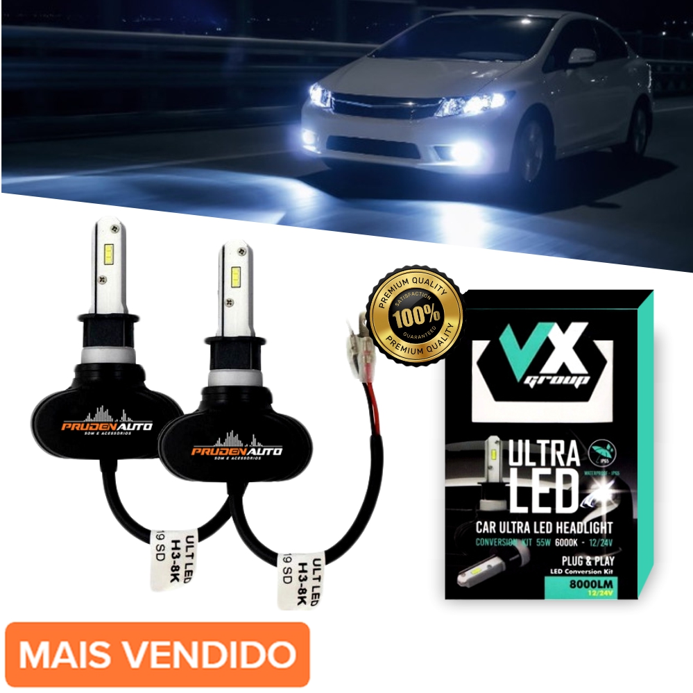 Kit Lampada Ultra Led H3 Pro 16000 Lumens o Par 55w Branco Efeito Super