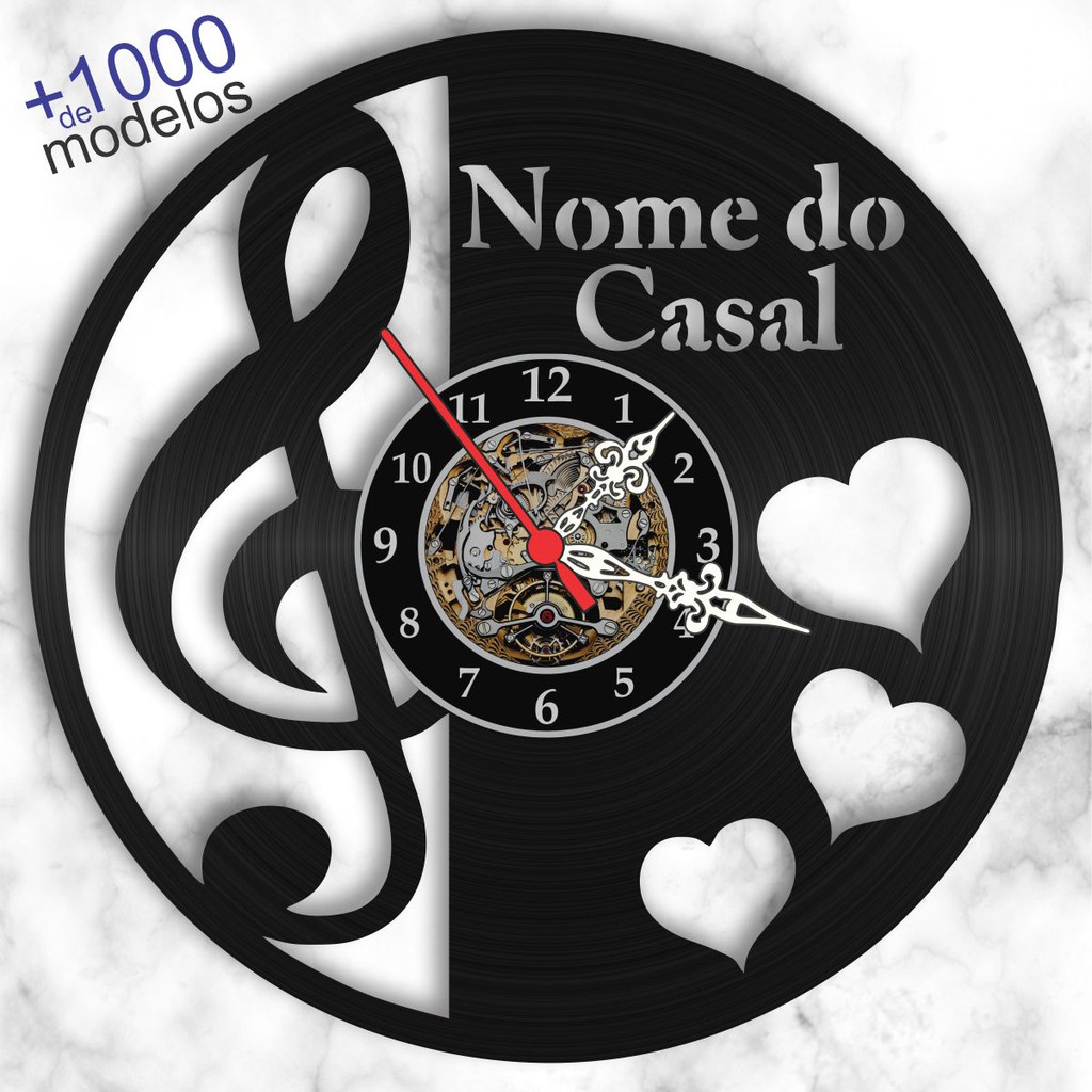 Relógio Parede Casal Dia Namorados Clave Sol Coração Musica Presente Disco Vinil Lp Decoração Arte