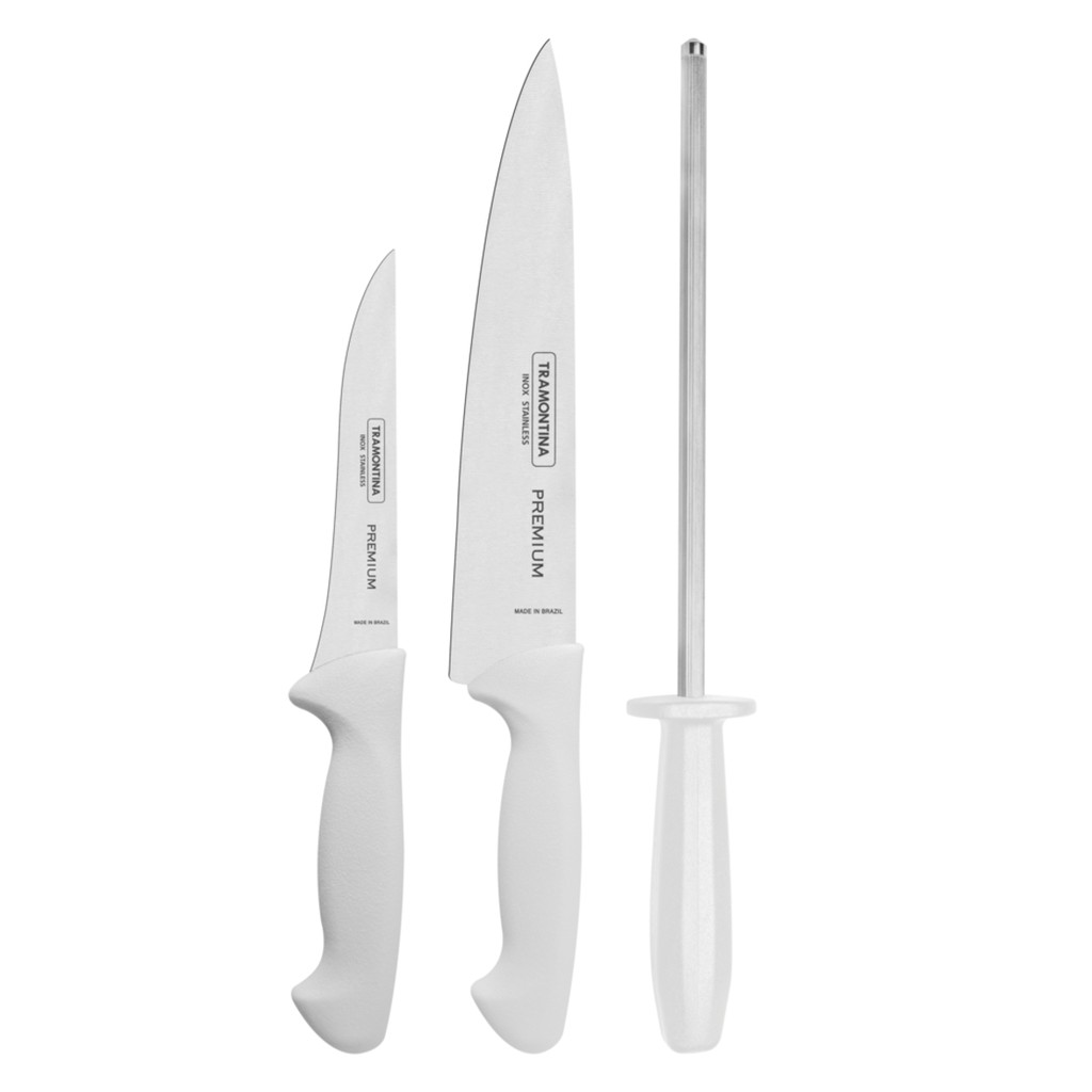 Jogo de Facas Tramontina Premium Lâminas em Aço Inox e Cabos de Polipropileno Branco com Chaira 3 Peças - 24499812 em Oferta na Shopee