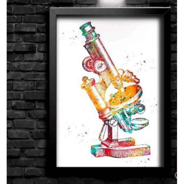 Quadro Decorativo Microscópio Colorido - Instrumento Óptico - Biomedicina - Pesquisas - Laboratório - Profissão -
