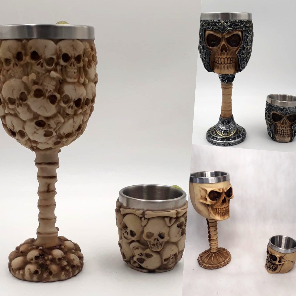 Kit Taça Caveira Crânio cálice e copo shot Inox vários modelos para escolher decorados em resina 3D resina Halloween Valor de um kit