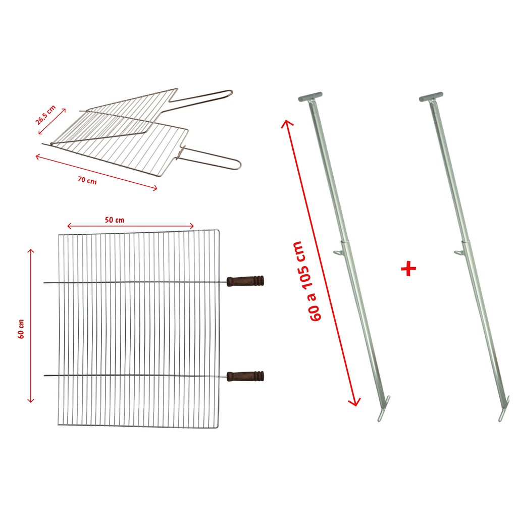 Kit Churrasqueira Grelha Média + Grelha Reta Grande +  Suporte Extensor Ajustável 5003/5103R/5501