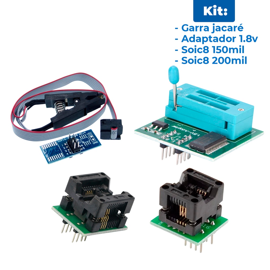 Garra Jacaré Soic 8 + Adaptador de Voltagem 1.8V + Adaptador Soic8 Sop8 Dip8 200mil + Adaptador Soic 8 Sop 8 Dip 8 150mil