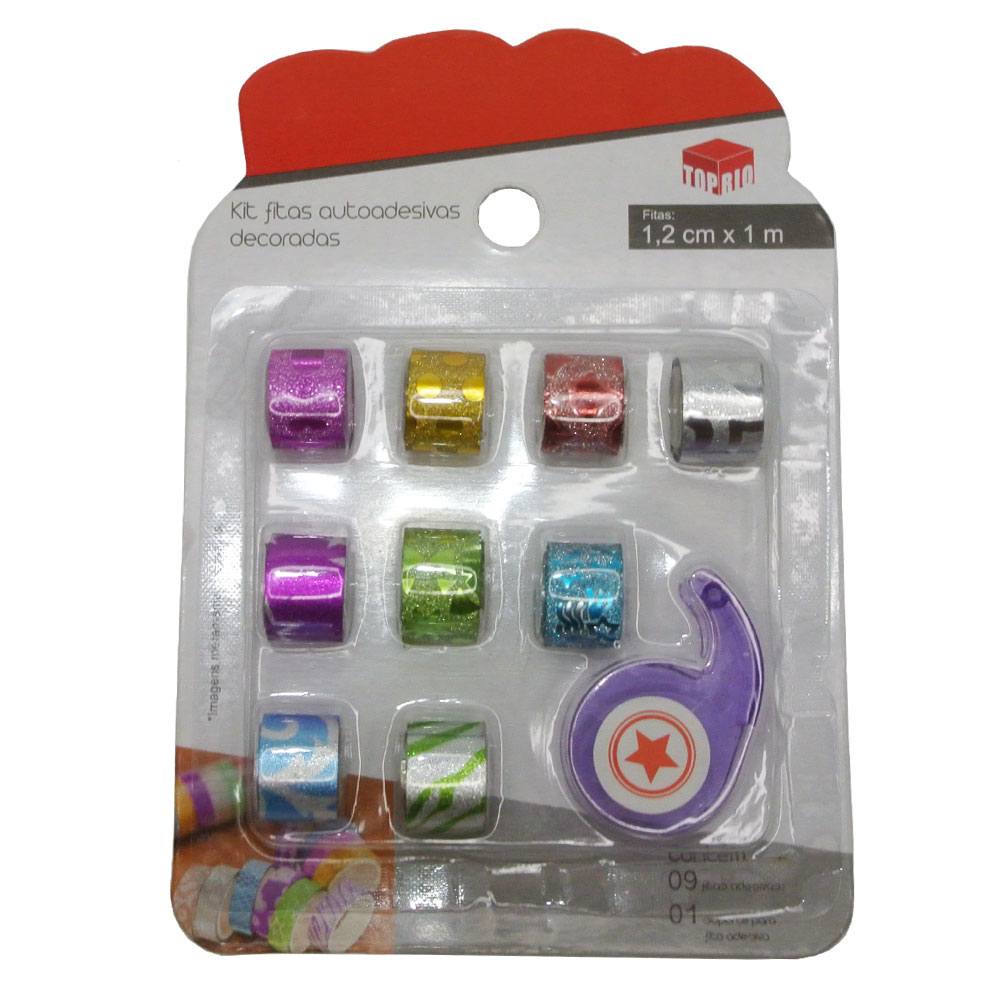 Fita Adesiva/Washi Tape Decorativa Com Glitter Colors + 1 Suportes Kit Com 10 Pecas 100X1,2Cm - Top rio Cores Sortidas