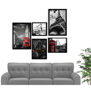 Kit 5 Quadros Decorativos Quarto Sala Lugares Retrô Torre Eiffel