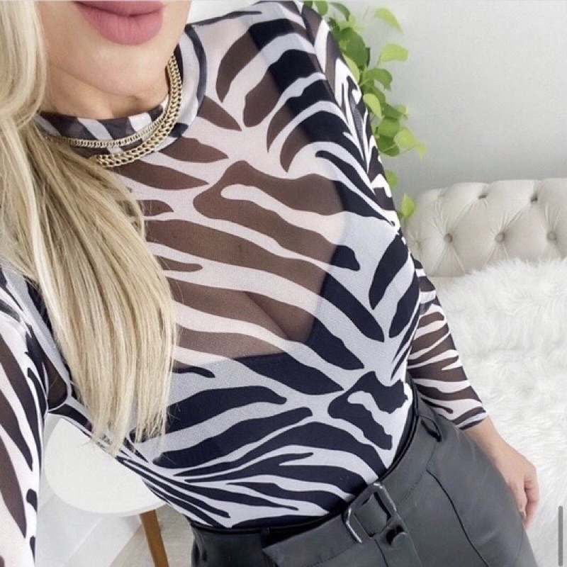 Body Feminino Zebra Onça Oncinha Animal Print Blusa Tule Manga Longa Moda Feminina