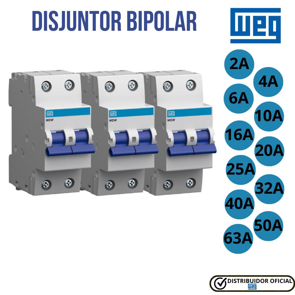 Disjuntor Weg Bipolar Mdw Curva C 2A, 4A, 6A, 10A, 16A, 20A, 25A, 32A, 40A, 50A e 63A