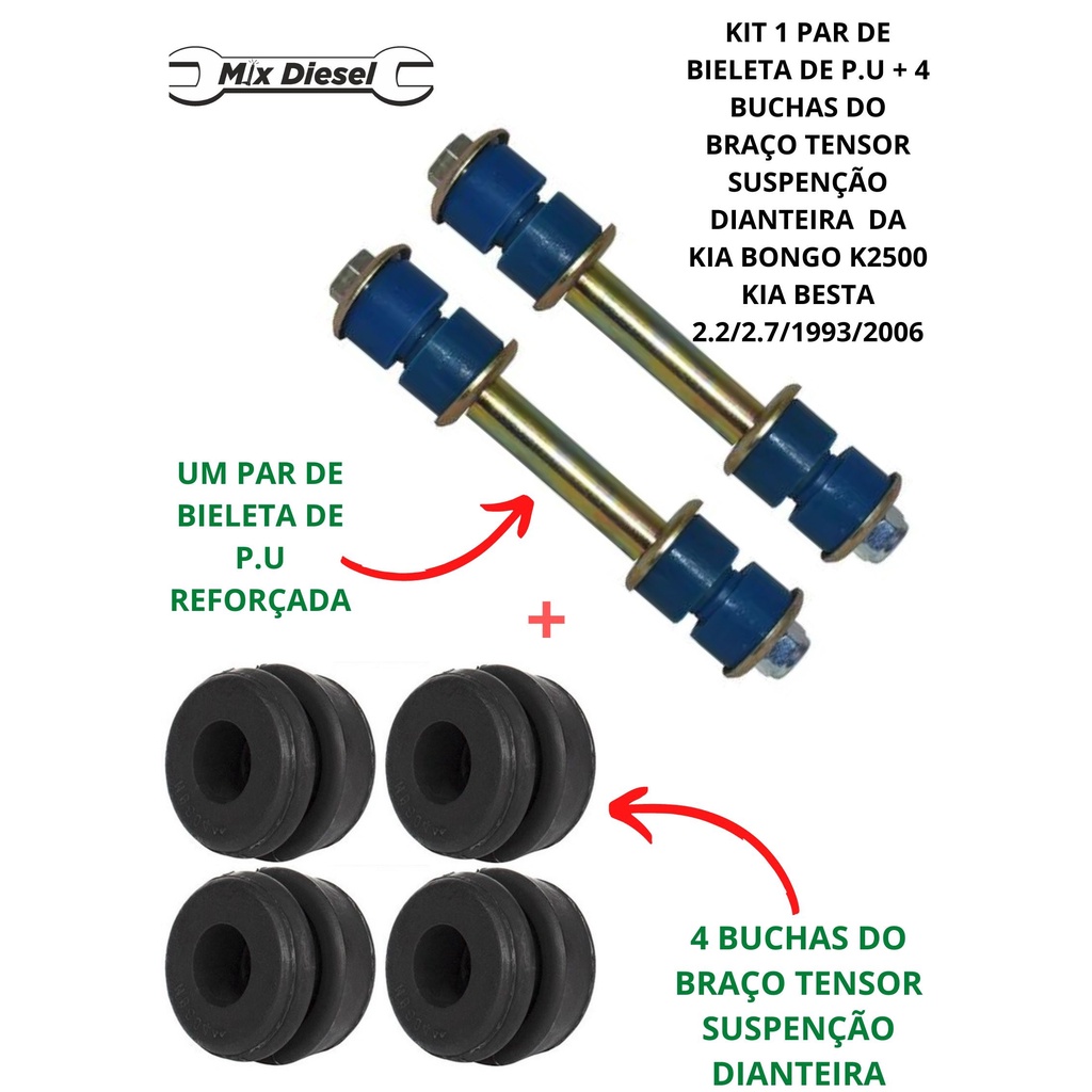 Kit 1 Par De Bieleta De Pu + 4 Buchas Do Braço Tensor Kia bongo 8v De 2005 / Kia besta de 1993 / 2006
