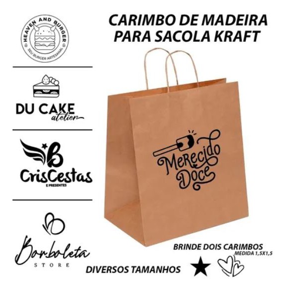 Carimbos de Madeira para Sacolas Kraft 9,5x9,5cm + Almofada + Tinta